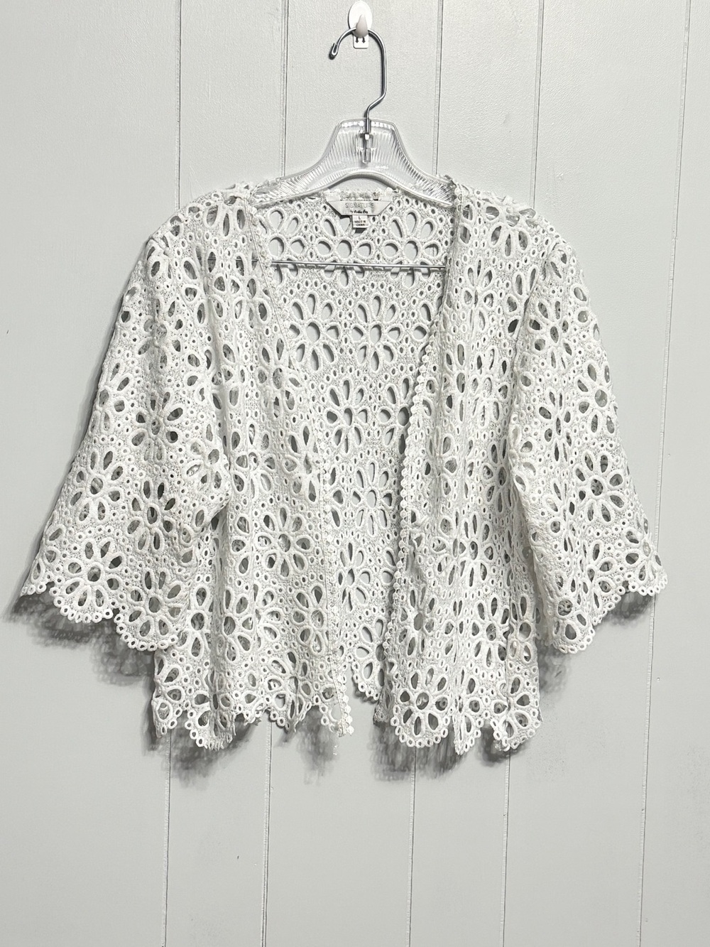 #12)  Signature by Robbie Bee White Crochet Lace Open-Front Cardigan